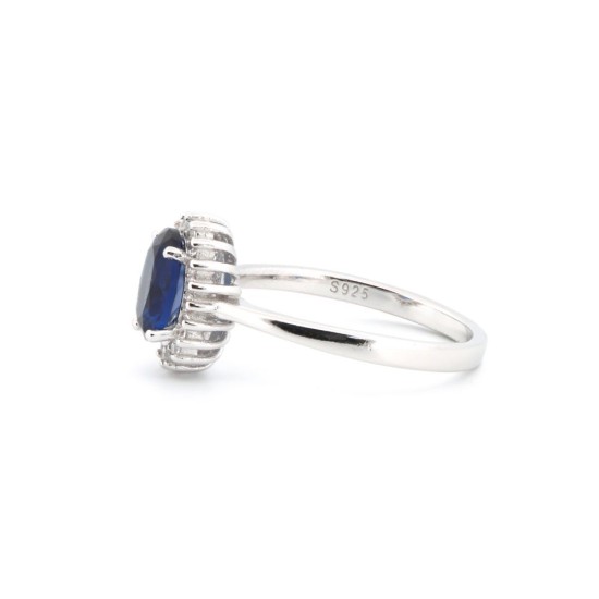 925 Silver Rhodium CZ Set Oval Cluster Sapphire Blue Centre