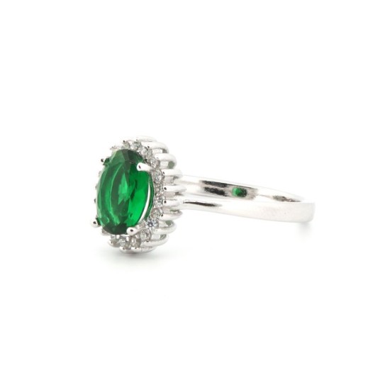 925 Silver Rhodium CZ Set Oval Cluster Emerald Green Centre