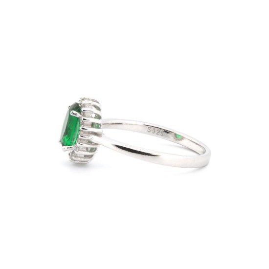 925 Silver Rhodium CZ Set Oval Cluster Emerald Green Centre