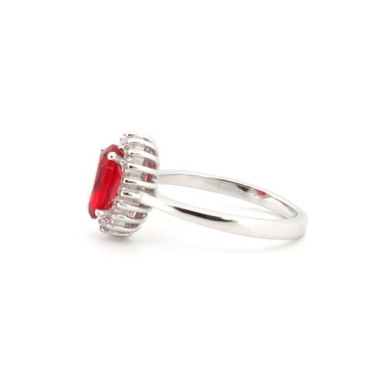 925 Silver Rhodium CZ Set Oval Cluster Ruby Red Centre