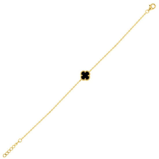925 Silver 14ct Gold Plated Onyx  Clover Bracelet