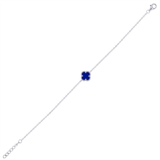 925 Silver Rhodium Plated Single Blue Agate Clover Bracelet