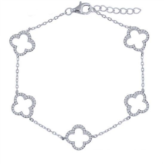 925 Silver Rhodium Plated CZ Set Clover Bracelet