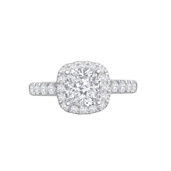18M957-100 | 18ct White Gold 0.58ct Diamond Micro-set Cushion-shaped Halo and Shoulders Wed-fit Ring Mount- Holds 1.00ct