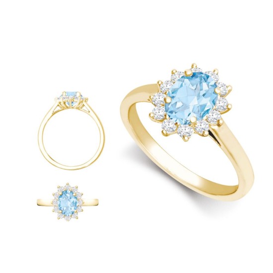 18R1010-7x5-I | 18ct Yellow Gold 0.35ct Diamond Claw-set Cluster Halo Oval Ring  - Holds 7x5mm Aquamarine 0.75cts