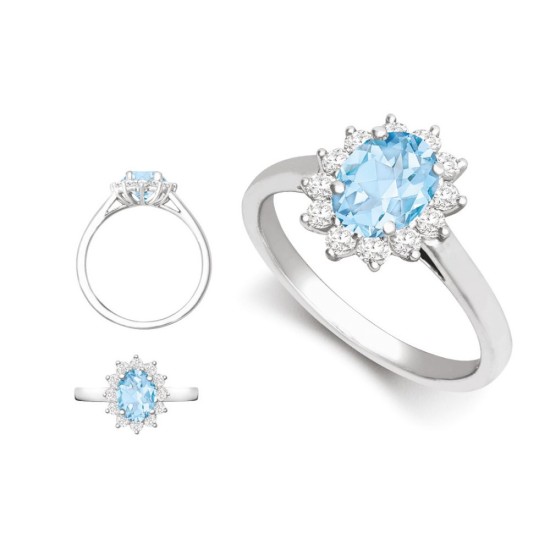 18R1011-7x5-I | 18ct White Gold 0.35ct Diamond Claw-set Cluster Halo Oval Ring - Holds 7x5mm Aquamarine 0.75cts