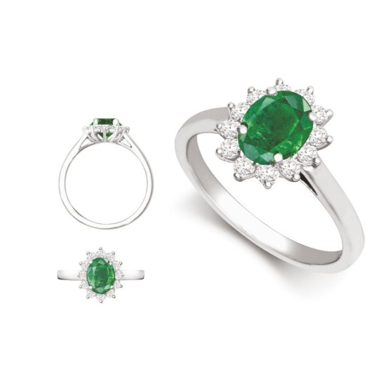 18R1013-7x5-I | 18ct White Gold 0.35ct Diamond Claw-set Cluster Halo Oval Ring - Holds 7x5mm Emerald 0.75cts