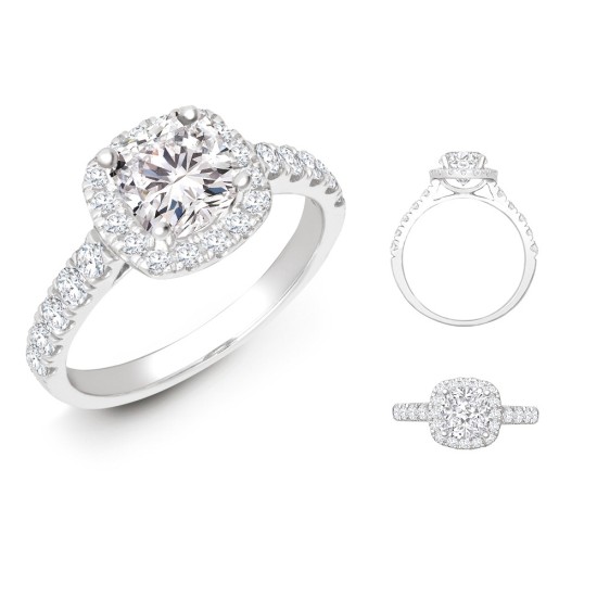 18R957-100-GSI1 | 18ct White Gold 0.58ct Diamond Micro-set Cushion-shaped Halo and Shoulders Wed-fit Ring Mount + 1.00ct Diamond
