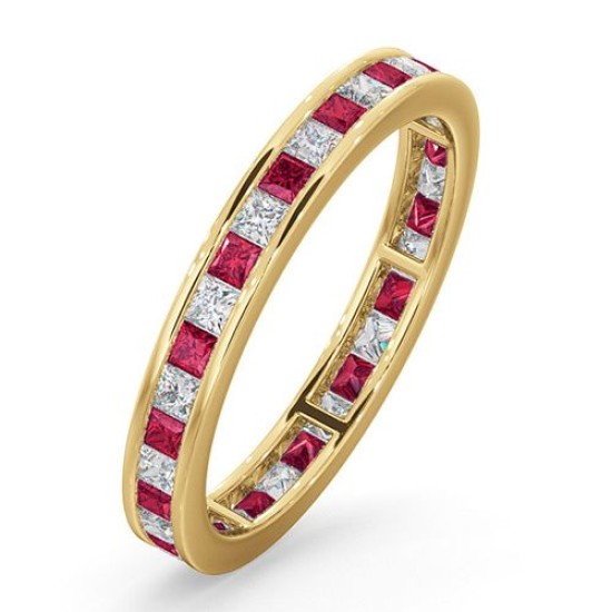 18YFE005R-100-GVS | 18ct Yellow Gold Channel Set Princess Cut Full Eternity Ring Natural Diamond 0.50ct Ruby 0.60ct G VS