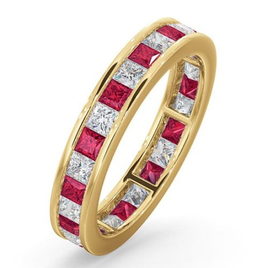 18YFE005R-200-GVS | 18ct Yellow Gold Channel Set Princess Cut Full Eternity Ring Natural Diamond 1.00ct Ruby 1.25ct GVS