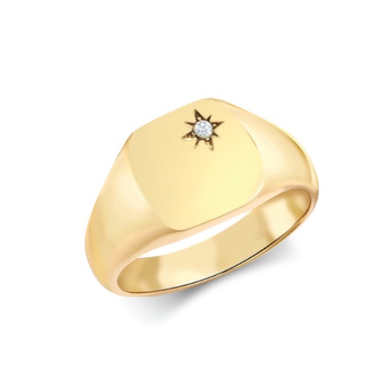 9R656 | 9ct Yellow Gold 0.06cts Diamonds Star-set Cushion Signet Ring