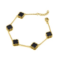 ABB221-GP | 925 Silver 14ct Gold Plated Onyx 5 Clover Bracelet