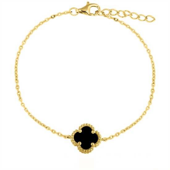 ABB223-GP | 925 Silver 14ct Gold Plated Onyx  Clover Bracelet