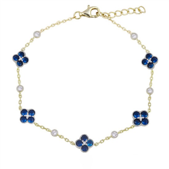 ABB225B | 925 Silver 14ct Gold Plated CZ Set Clover Bracelet Blue