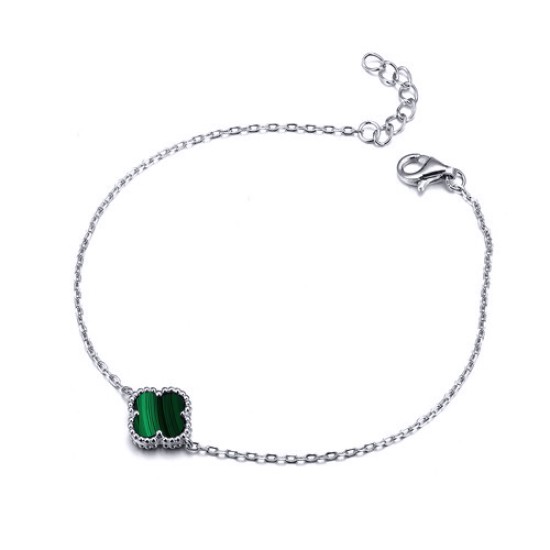 ABB231 | 925 Silver Rhodium Plated Single Green Malachite Clover Bracelet