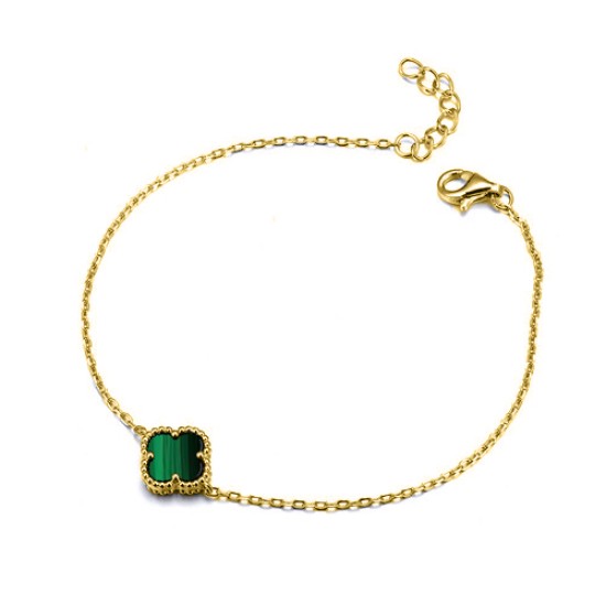 ABB231-GP | 925 Silver 14ct Gold Plated Single Green Malachite Clover Bracelet