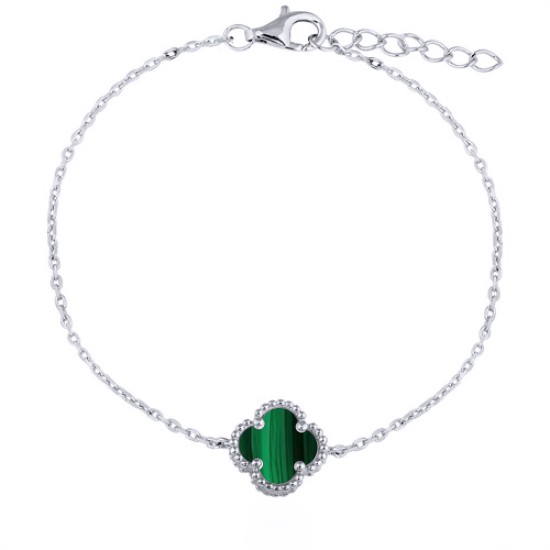 ABB231 | 925 Silver Rhodium Plated Single Green Malachite Clover Bracelet