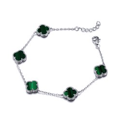 ABB232 | 925 Silver Rhodium Plated Green Malachite Clover Bracelet