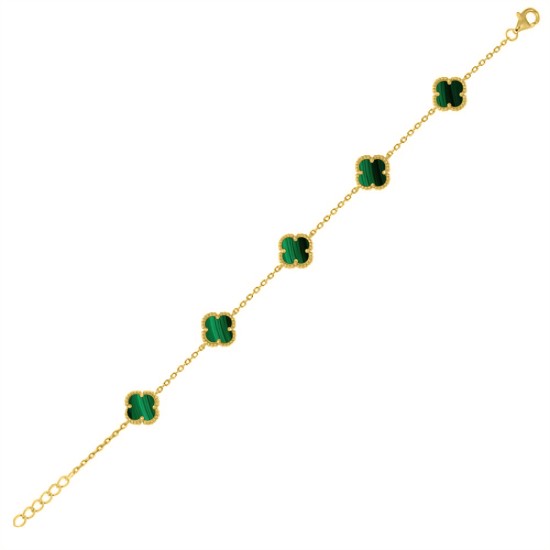 ABB232-GP | 925 Silver 14ct Gold Plated Green Malachite Clover Bracelet