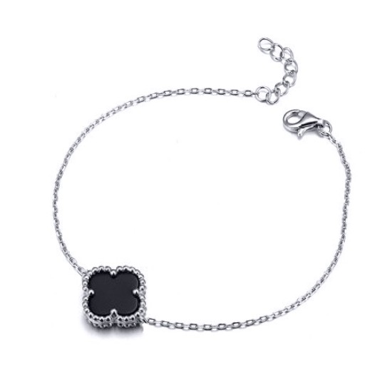 ABB237 | 925 Silver Rhodium Single Clover Bracelet Black Onyx Colour