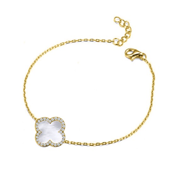 ABB242-GP | 925 Silver 14ct gold Plated 12mm CZ Set Single Clover Bracelet  MOP  White Colour