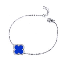 ABB243 | 925 Silver Rhodium 12mm CZ Set Single Clover Bracelet  Blue Agate Colour