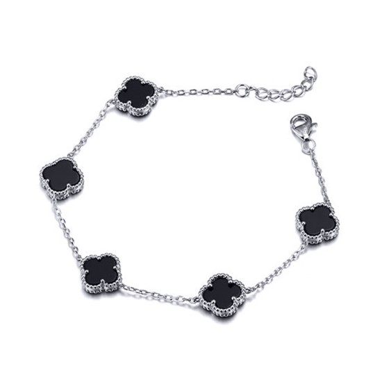 ABB245 | 925 Silver Rhodium 5 Clover Bracelet Black Onyx Colour