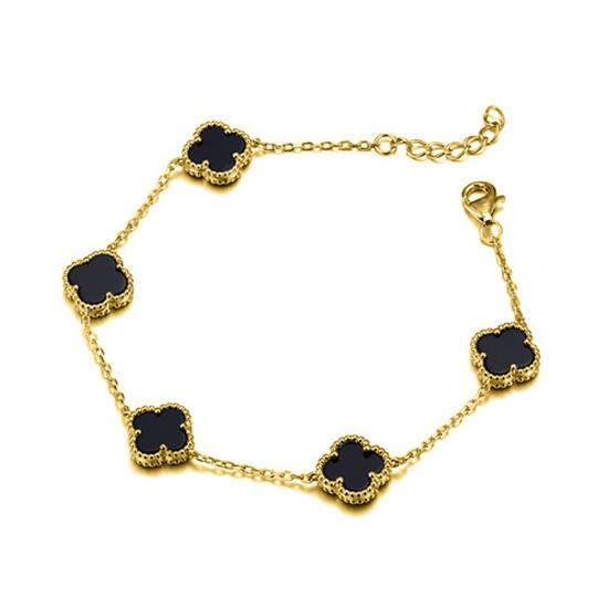 ABB245-GP | 925 Silver 14ct gold Plated 5 Clover Bracelet  Black Onyx Colour