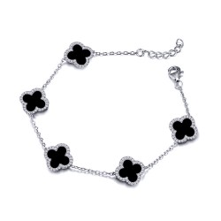 ABB249 | 925 Silver Rhodium 8mm CZ Set 5 Clover Bracelet Black Onyx Colour