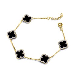 ABB249-GP | 925 Silver 14ct gold Plated CZ Set 5 Clover Bracelet  Black Onyx Colour