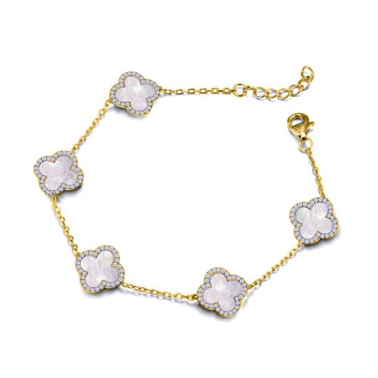 ABB250-GP | 925 Silver 14ct gold Plated 8mm CZ Set 5 Clover Bracelet  MOP  White Colour