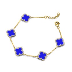 ABB251-GP | 925 Silver 14ct gold Plated 8mm CZ Set 5 Clover Bracelet  Blue Agate Colour