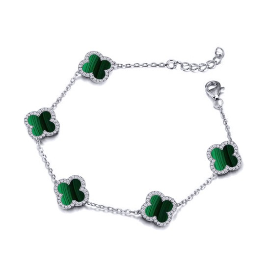 ABB252 | 925 Silver Rhodium 8mm CZ Set 5 Clover Bracelet Malachite Green Colour