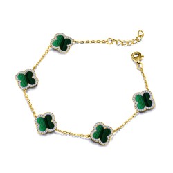 ABB252-GP | 925 Silver 14ct gold Plated 8mm CZ Set  5 Clover Bracelet  Malachite Green