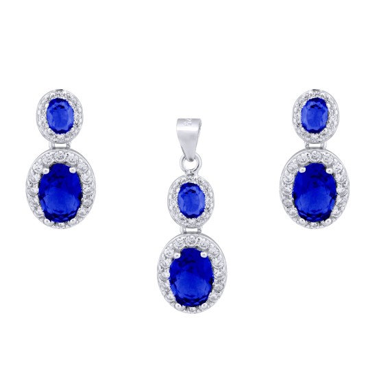 AEP001B | 925 Silver Rhodium Princess Kate Sapphire Centre CZ Earring and Pendant Set