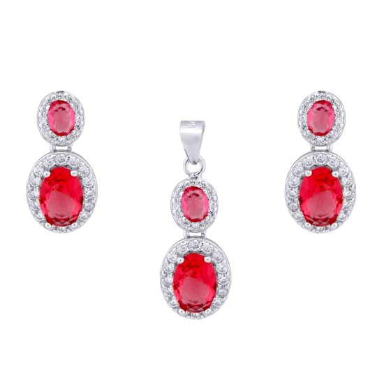 AEP001R | 925 Silver Rhodium Princess Kate Ruby Centre CZ Earring and Pendant Set