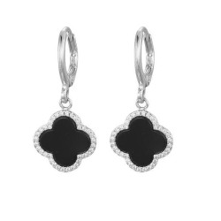 925 Sterling Silver CZ Black Clover Hoops