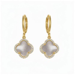 AER186-GP | 925 Sterling Silver Gold Plated CZ Mother of Pearl Clover Hoops