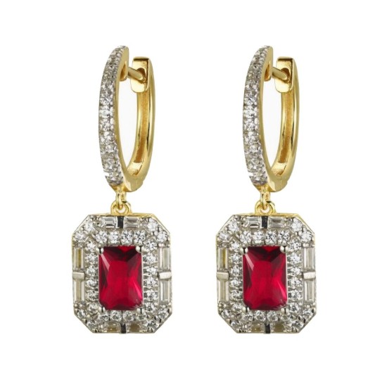 AER199R-GP | 925 Sterling Silver Gold Plated Red CZ Drop Hoops