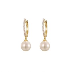 AER202-GP | 925 Sterling Silver Gold Plated Pearl CZ Hoops