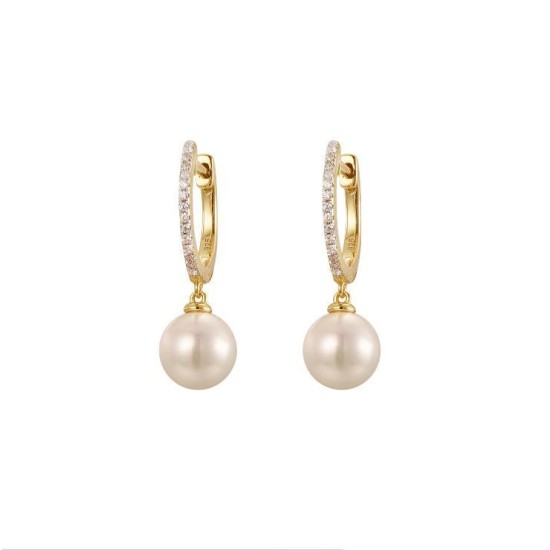 AER202-GP | 925 Sterling Silver Gold Plated Pearl CZ Hoops
