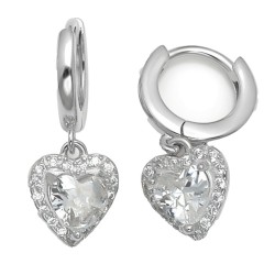 925 Sterling Silver CZ Heart Drop Hoop Earrings