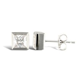 AES017 | JN Jewellery 925 Silver Rub Over Cubic Zirconia Studs Square