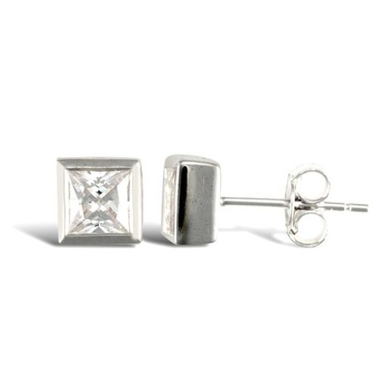 AES017 | JN Jewellery 925 Silver Rub Over Cubic Zirconia Studs Square