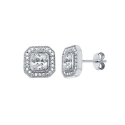 AES118 | 925 Silver Square CZ Set Halo Stud Earrings