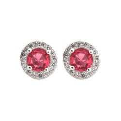 AES219R | 925 Silver Rhodium Halo Studs Ruby Centre CZ