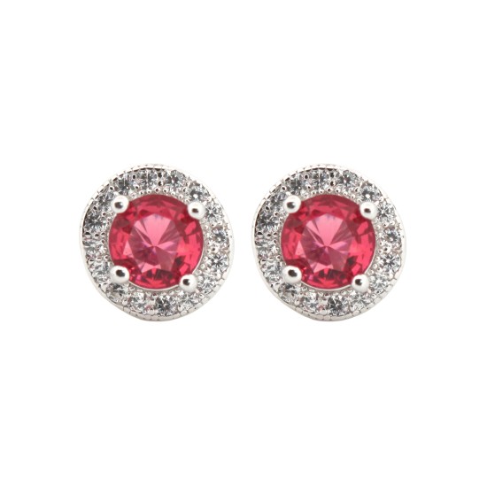 AES219R | 925 Silver Rhodium Halo Studs Ruby Centre CZ