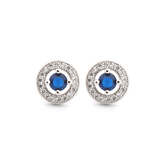 AES221B | 925 Silver Rhodium Halo Studs Sapphire Centre CZ