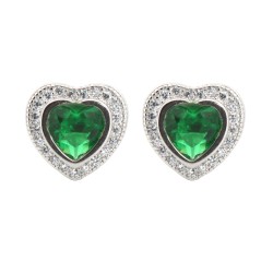 AES222G | 925 Silver Rhodium Heart Shape Studs Emerald Centre CZ