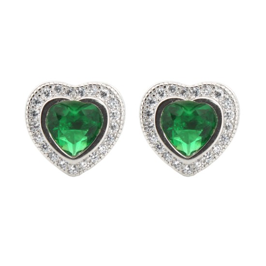 AES222G | 925 Silver Rhodium Heart Shape Studs Emerald Centre CZ